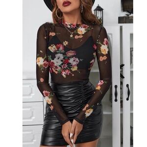 Black Floral Print Mesh Long Sleeve Top